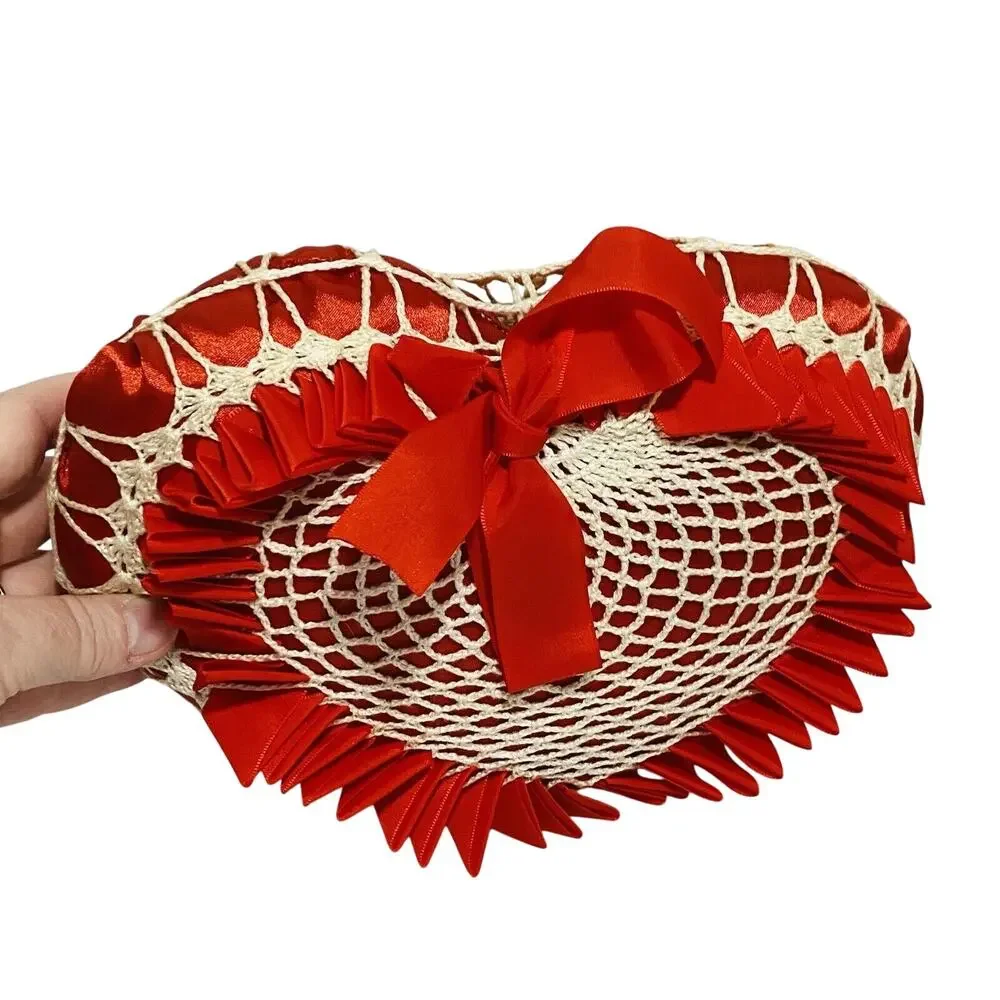 Vintage Heart Shaped Toss Pillow Red Satin Ribbons & White Crochet Caged Romance